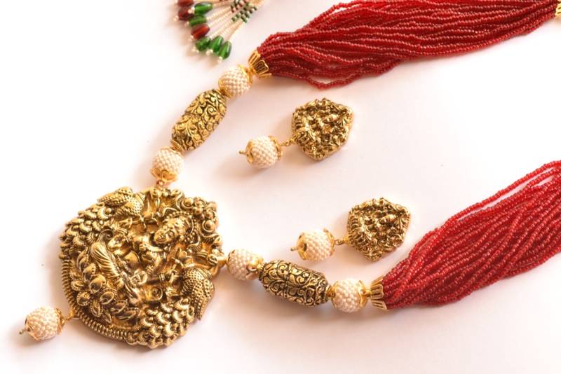 Temple Jewellery with pearl & semi-precious stone Grand gold plated Necklace Set
