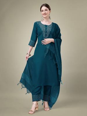 Vedant vastram women's cotton embroidery & sequence work stitched salwar kameez dupatta set (1111 morpinch) 1