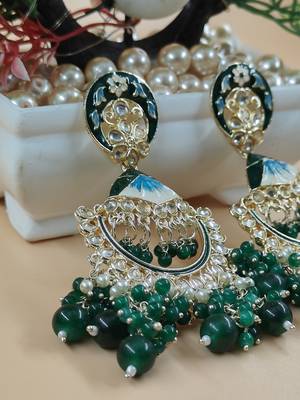   green floral studded meenakari beaded gold-plated Chandbali earrings 3
