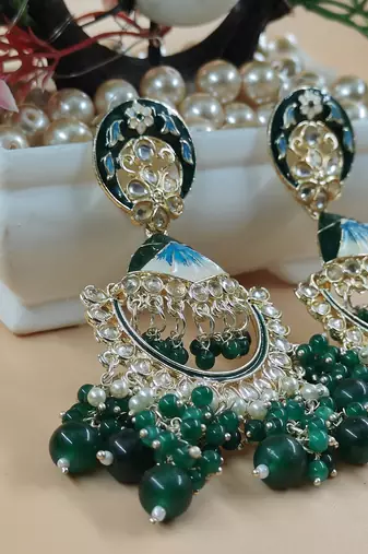   green floral studded meenakari beaded gold-plated Chandbali earrings