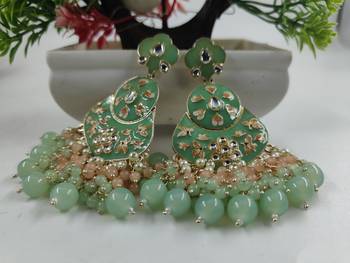 Jiyanshi fashion pista green floral studded meenakari beaded gold-plated drop earrings 3
