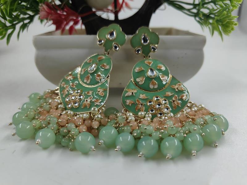 Jiyanshi fashion pista green floral studded meenakari beaded gold-plated drop earrings