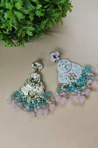   pink floral studded meenakari beaded gold-plated drop earrings