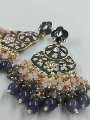   blue floral studded meenakari beaded gold-plated drop earrings 3