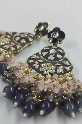   blue floral studded meenakari beaded gold-plated drop earrings