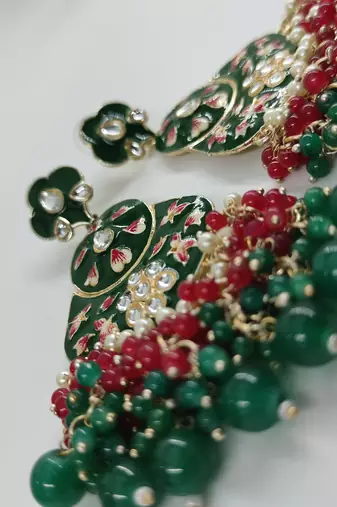   green floral studded meenakari beaded gold-plated drop earrings