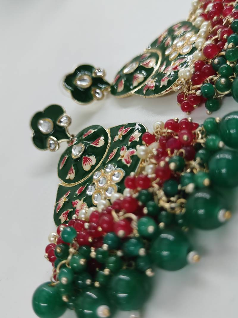   green floral studded meenakari beaded gold-plated drop earrings