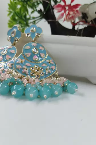   Sea Green Floral Studded Meenakari Beaded Gold-Plated Chandbali Earrings