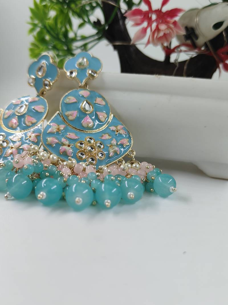   Sea Green Floral Studded Meenakari Beaded Gold-Plated Chandbali Earrings