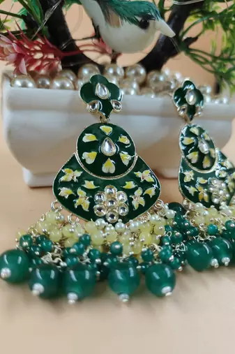   green floral studded meenakari beaded gold-plated drop earrings