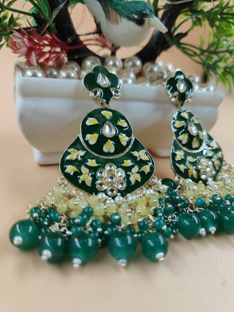   green floral studded meenakari beaded gold-plated drop earrings