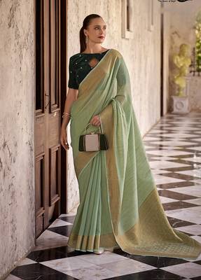 Light Green Woven Linen With Zari Work Party Saree 1