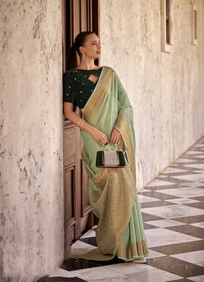 Light Green Woven Linen With Zari Work Party Saree 2