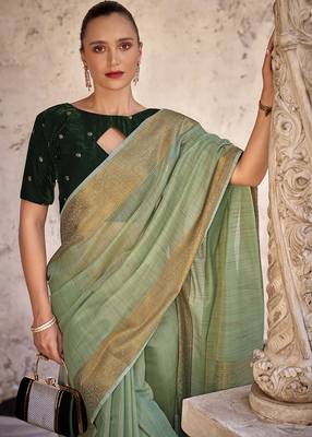Light Green Woven Linen With Zari Work Party Saree 3