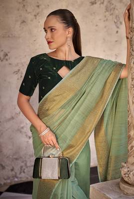 Light Green Woven Linen With Zari Work Party Saree 4