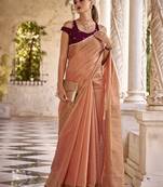 Linen With Zari Work Woven Peach Party Saree