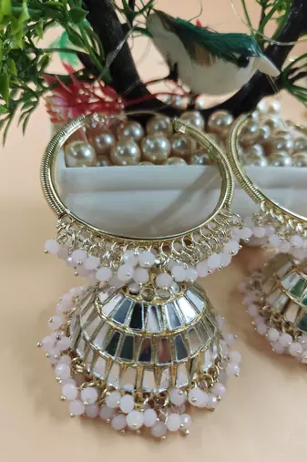   Big Jhumka earrings for wo  ethnic and occasional wear Baby Pink & White Colour