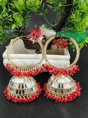   Big Jhumka earrings for wo  ethnic and occasional wear- Red White Colour 3