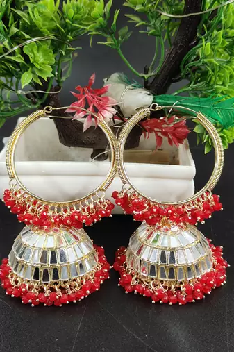   Big Jhumka earrings for wo  ethnic and occasional wear- Red White Colour