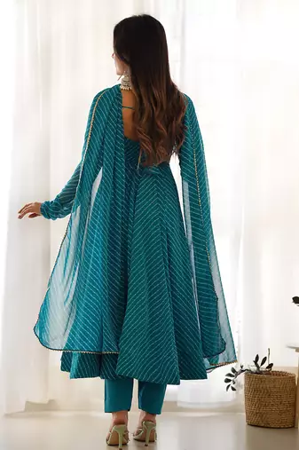  soft faux georgette laheriya print fully flair anarkali pant with dupatta set