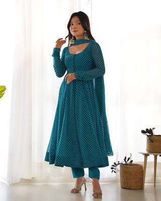  soft faux georgette laheriya print fully flair anarkali pant with dupatta set 3