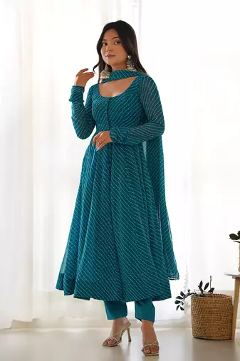  soft faux georgette laheriya print fully flair anarkali pant with dupatta set