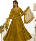Mustard romansilk chanderi fabric fully flared anarkali pant with dupatta set