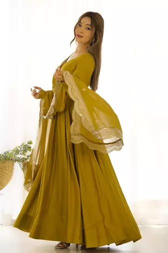 Mustard romansilk chanderi fabric fully flared anarkali pant with dupatta set