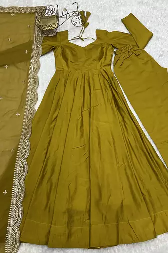 Mustard romansilk chanderi fabric fully flared anarkali pant with dupatta set
