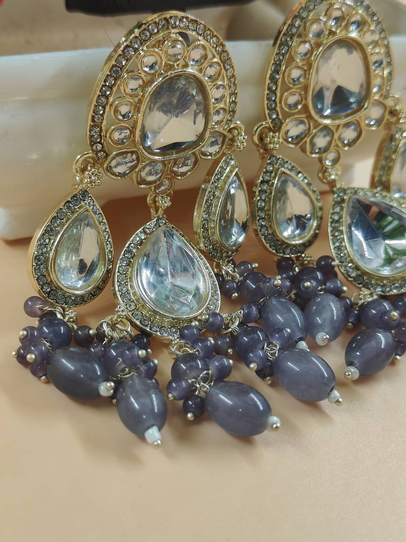   grey beads Kundan Mirror Jhumka beautiful chaandbalis for wo 