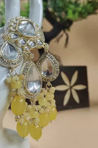   yellow beads Kundan Mirror Jhumka beautiful chaandbalis for wo 