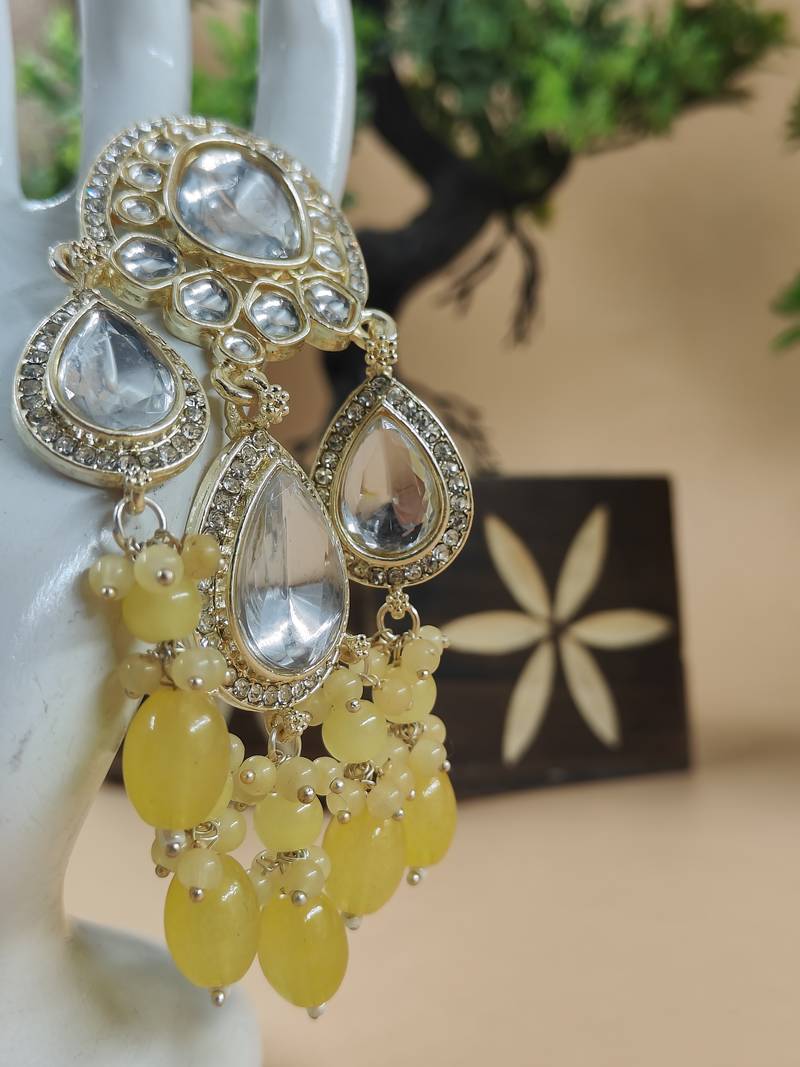   yellow beads Kundan Mirror Jhumka beautiful chaandbalis for wo 