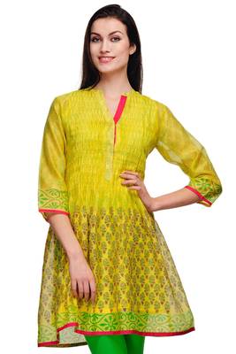Yellow Block Print Cotton Silk Tunic 1