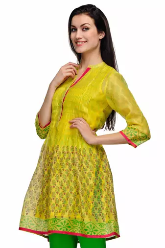 Yellow Block Print Cotton Silk Tunic