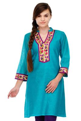 Turquoise Cotton Silk Embroidery Kurta 1