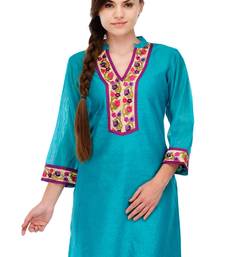 Women Turquoise Blue Simmer Silk Embroidery Kurti With Pant