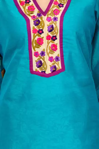 Turquoise Cotton Silk Embroidery Kurta