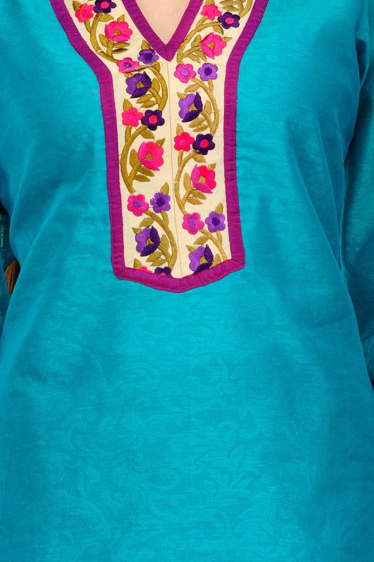 Turquoise Cotton Silk Embroidery Kurta
