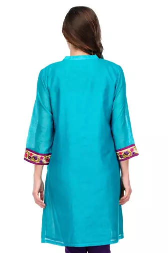 Turquoise Cotton Silk Embroidery Kurta