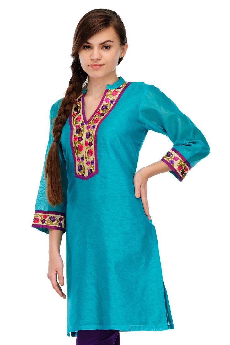 Turquoise Cotton Silk Embroidery Kurta