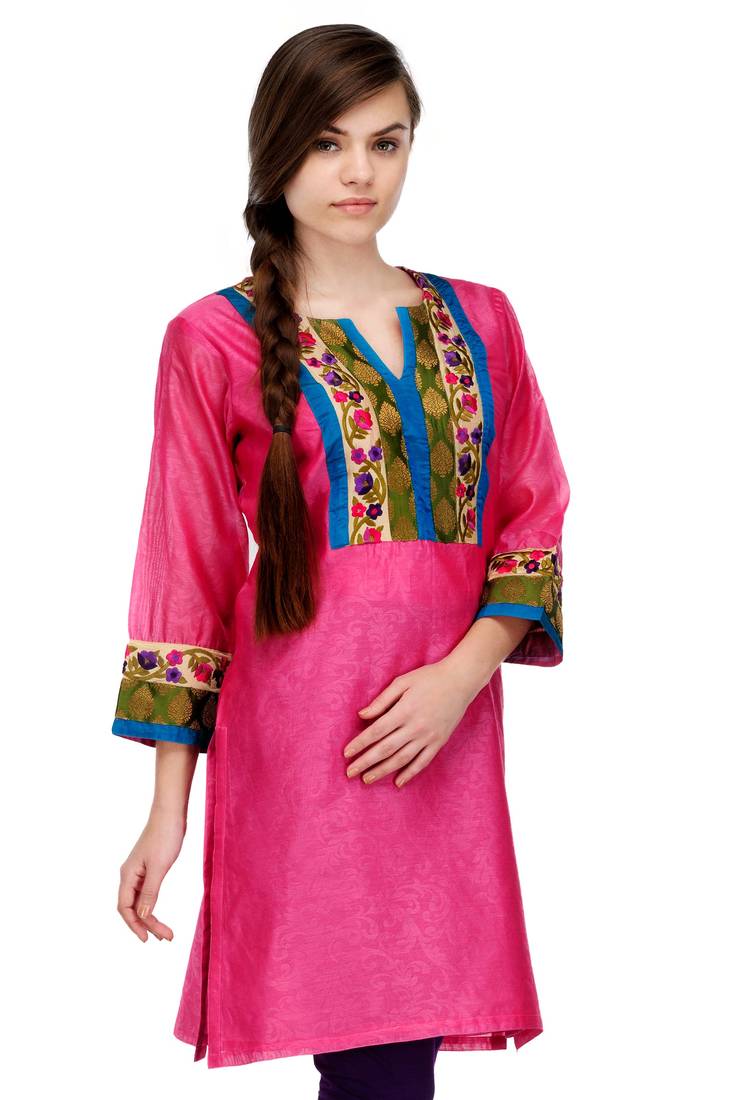 Pink Cotton Silk Embroidery Kurta