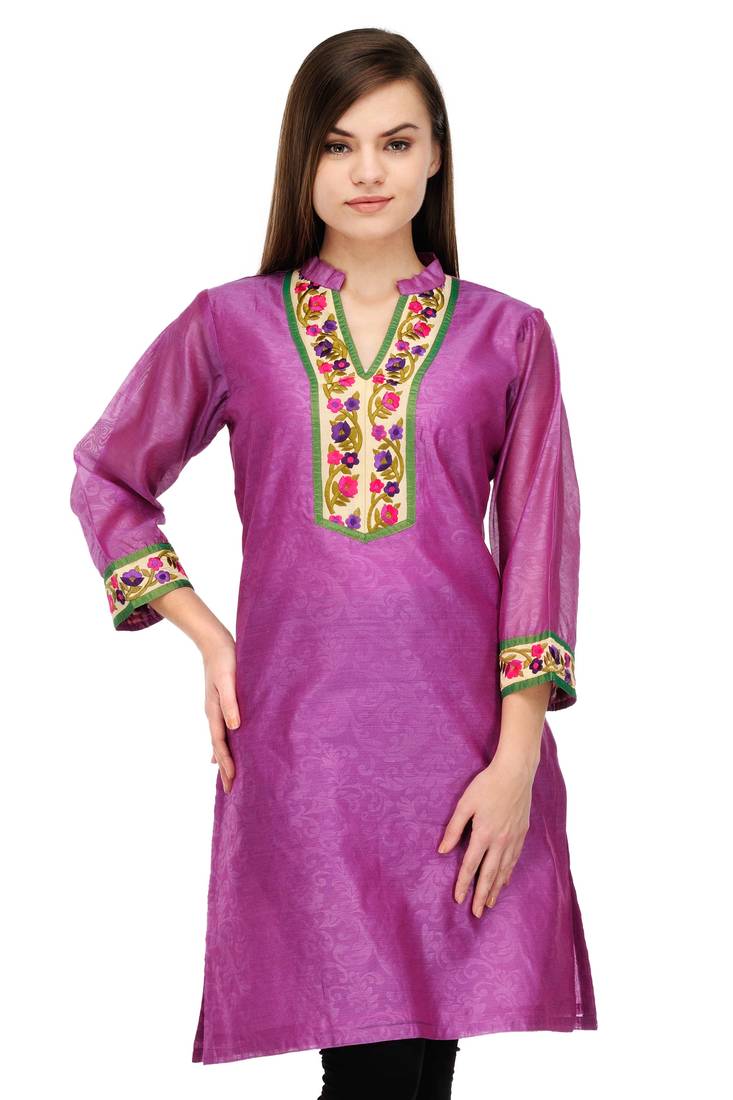 Purple Cotton Silk Embroidery Kurta