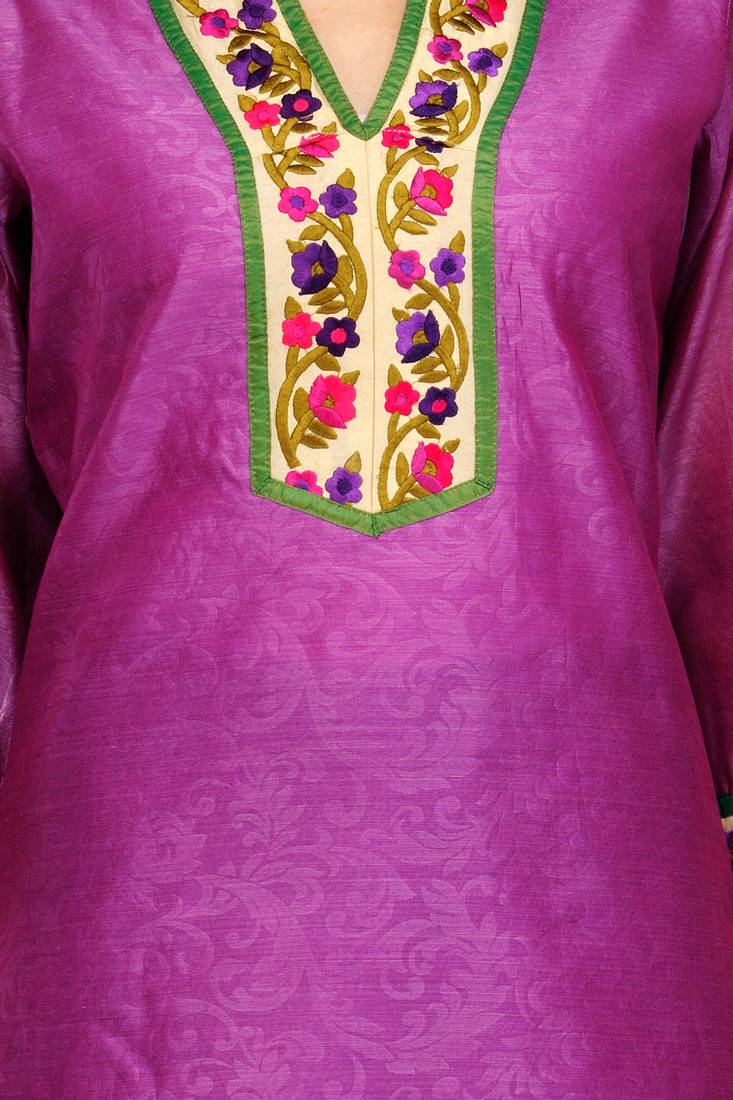 Purple Cotton Silk Embroidery Kurta