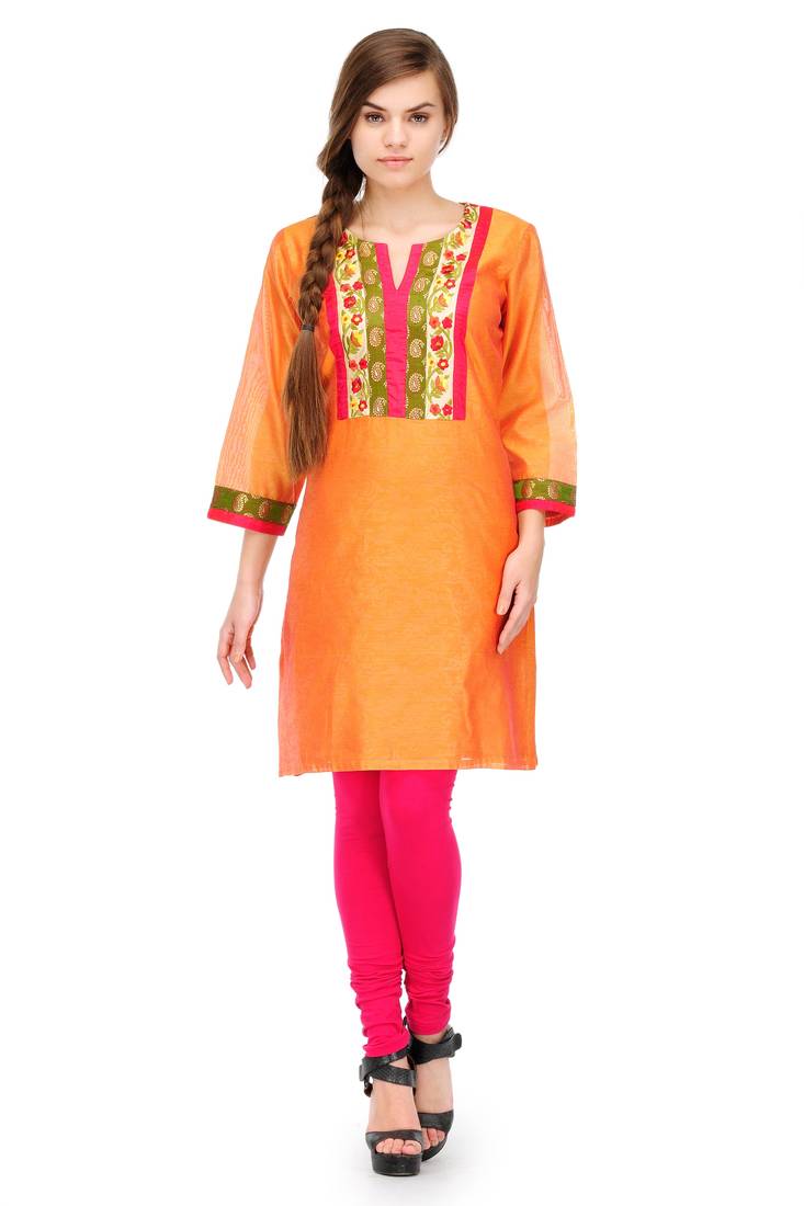 Orange Cotton Silk Embroidery Kurta