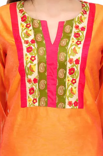 Orange Cotton Silk Embroidery Kurta