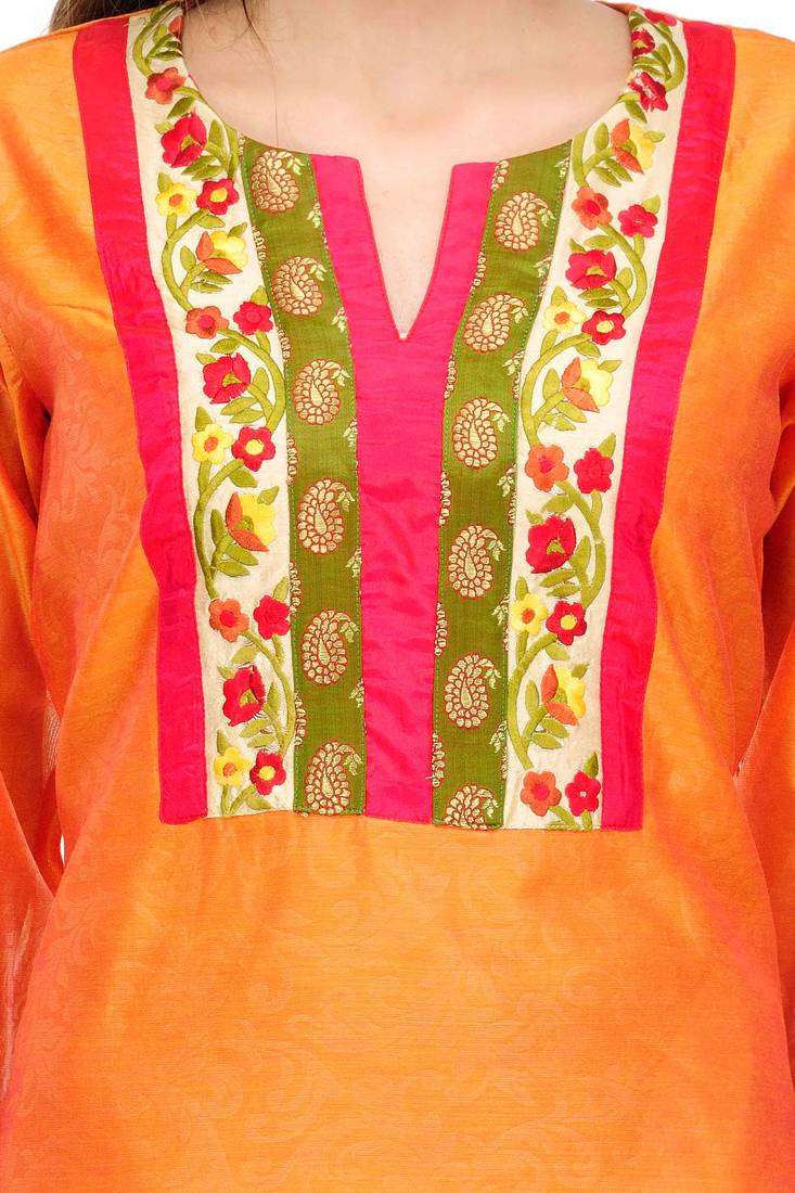 Orange Cotton Silk Embroidery Kurta