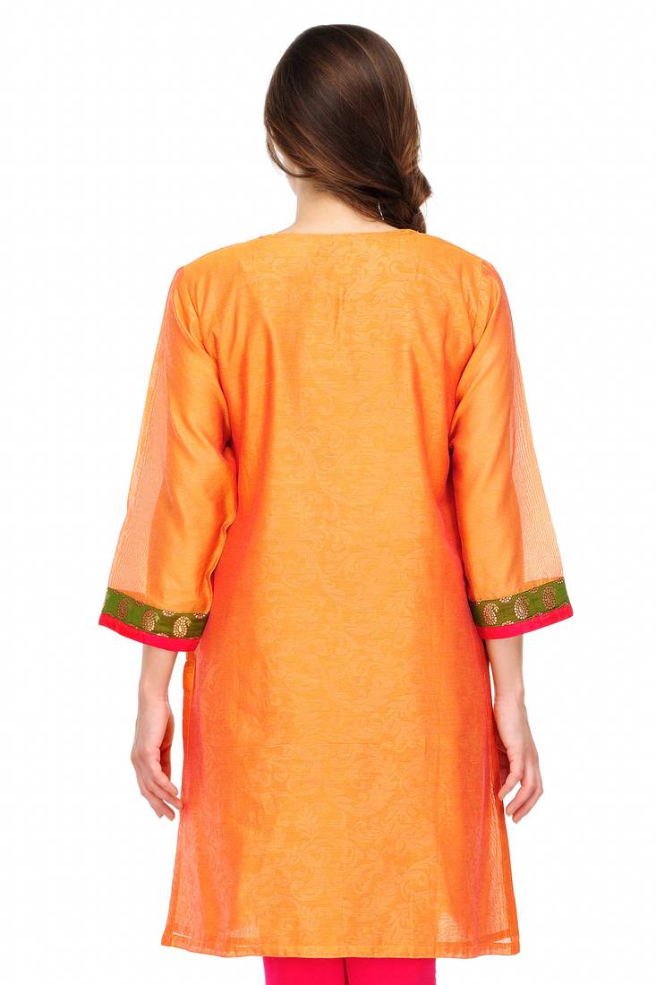 Orange Cotton Silk Embroidery Kurta