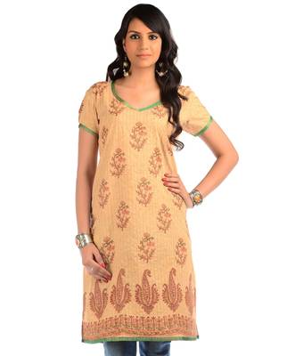 Beige Cotton Block Print Kurta 1