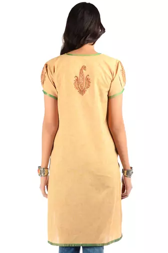 Beige Cotton Block Print Kurta