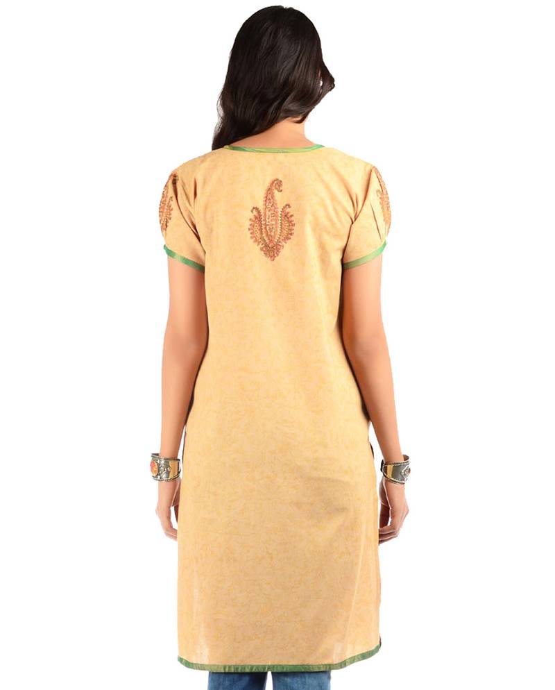 Beige Cotton Block Print Kurta